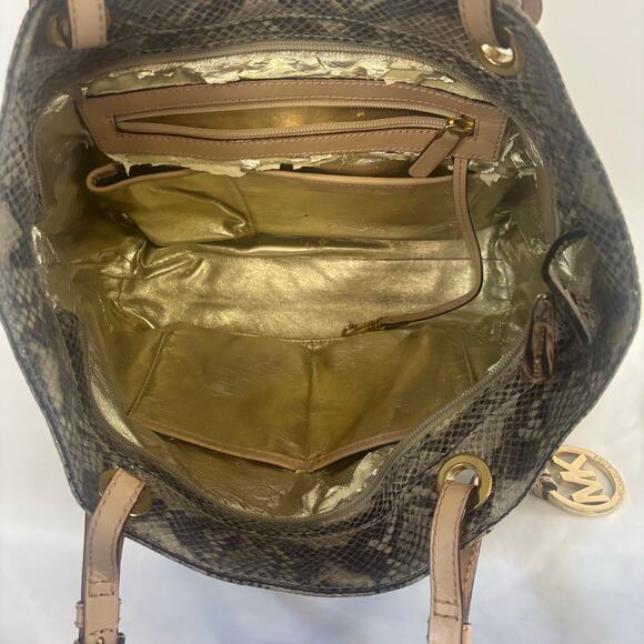 Michael Kors Python Embossed Shoulder Tote Bag Metallic Gold Interior Handbag - Picture 9 of 13